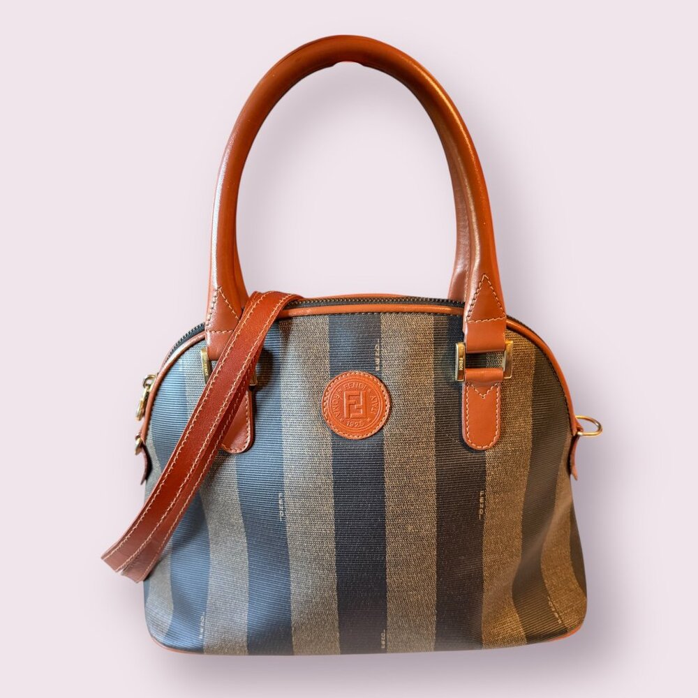 Authentic Vintage Fendi Pequin Stripe Coated Canvas Dome Bag | Leather Trim